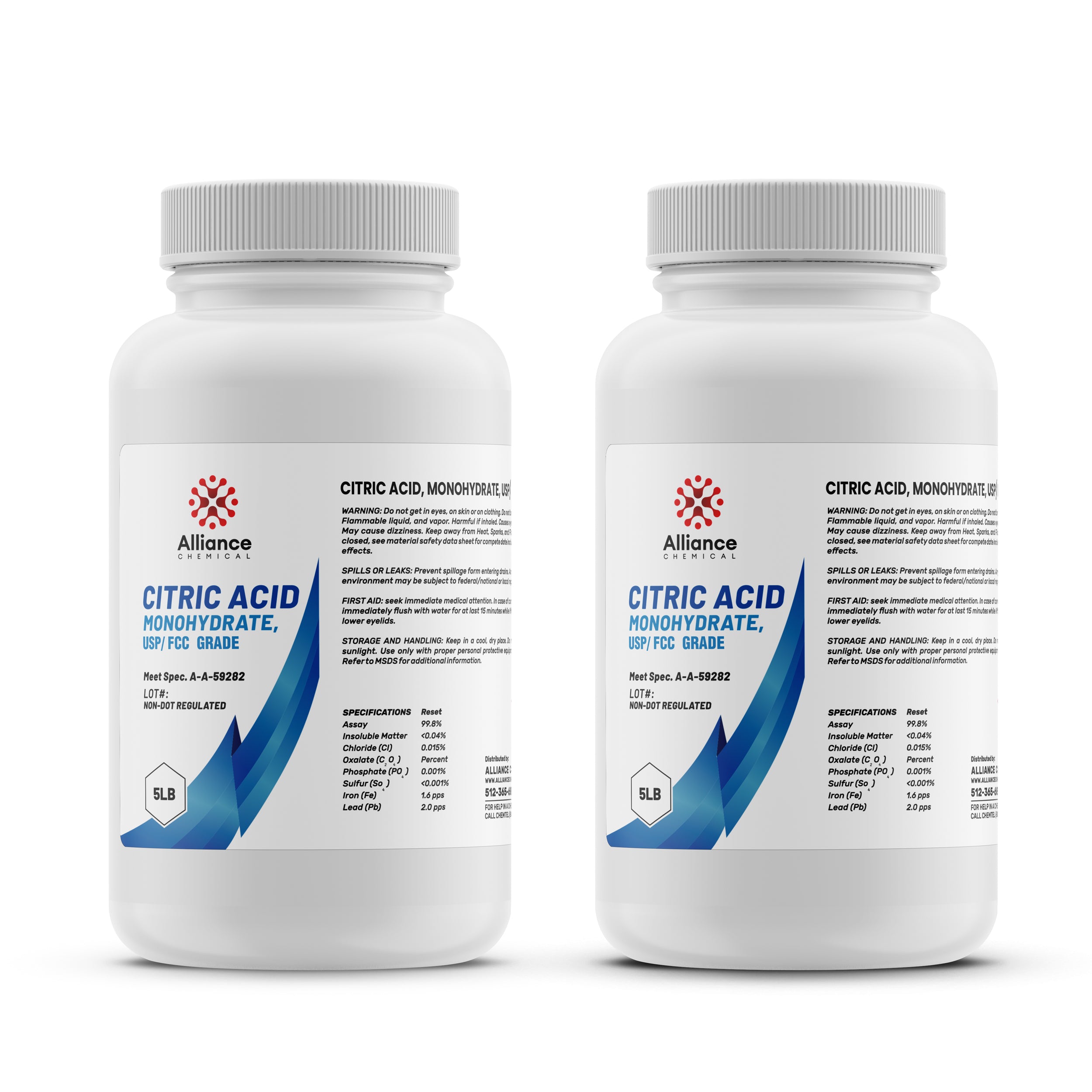 5LB Citric Acid Monohydrate USP/FCC Grade, 2-pack white HDPE containers with safety warnings, Alliance Chemical brand, 99.8% assay specification.